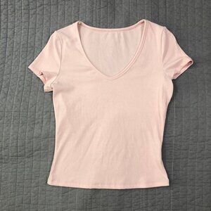 4/$15 DWNVAL T Shirt Women Medium Pink Ribbed V Neck Tee Fitted DW